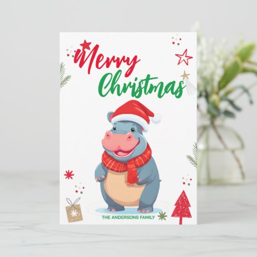 かわいいヒポクリスマスツリー ホリデー 女性名 シーズンカード (スタンド正面)