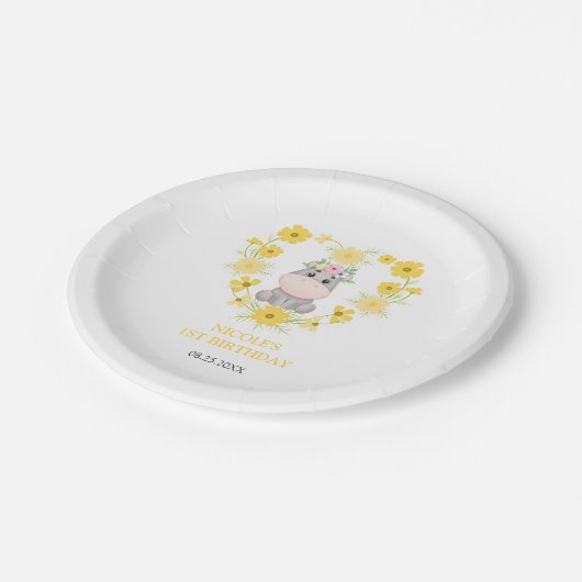 かわいいヒポタムスイエローフラワーハート1st誕生日 ペーパープレート (アングル)