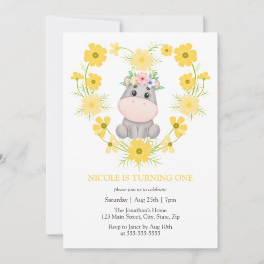 かわいいヒポタムスイエローフラワーハート1st誕生日 招待状 (正面)