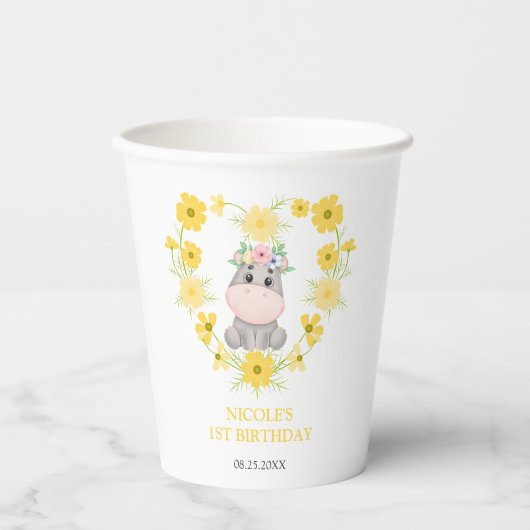 かわいいヒポタムスイエローフラワーハート1st誕生日 紙コップ (正面)