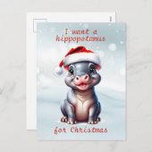 かわいいヒポタムスサンタハットスノーウィークリスマス シーズンポストカード (正面/裏面)