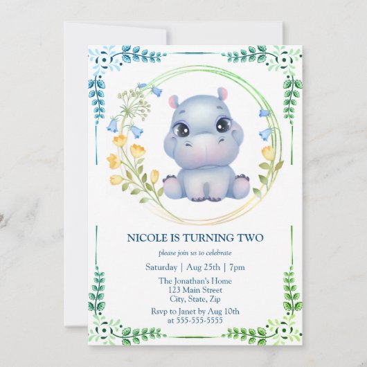 かわいいヒポタムスフラワーリース2nd誕生日 招待状 (正面)