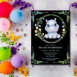 かわいいヒポタムスフラワーリース4thバースデーブラック 招待状