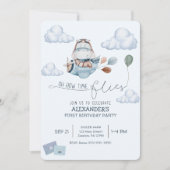 かわいいヒポポタマス、飛行機 & 雲、青いファーストバースデー 招待状 (正面)