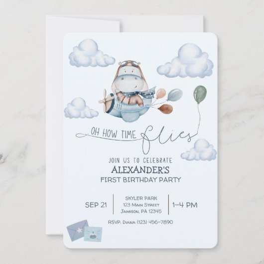 かわいいヒポポタマス、飛行機 & 雲、青いファーストバースデー 招待状 (正面)