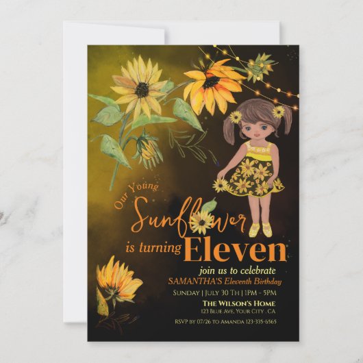 かわいいヒマワリの水の色ガールブラック誕生日 招待状 (正面)