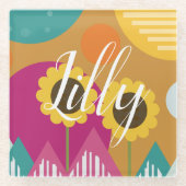 かわいいヒマワリカラフルの形 ガラスコースター (正面)