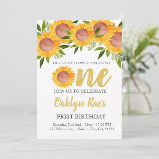 かわいいヒマワリフローラキッド最初の誕生日招待状 招待状 (スタンド正面)