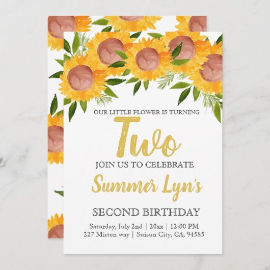 かわいいヒマワリフローラキッド2歳の誕生日 招待状 (正面/裏面)