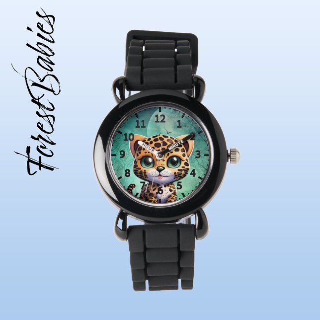 かわいいヒョウお洒落魅惑の森のムーンキッズ 腕時計 (Leopard 🐆 Forest Moon Customizable ForestBabies Kids Watch)