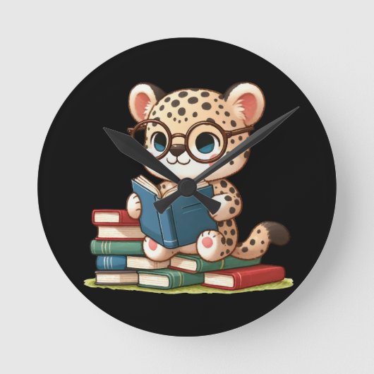 かわいいヒョウが読書 ラウンド壁時計 (正面)