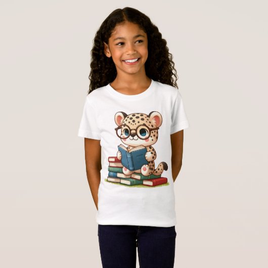 かわいいヒョウが読書 Tシャツ (正面フル)