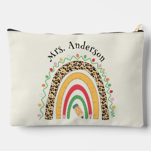 かわいいヒョウのレインボー先生デイギフトベージュ色ホワイト アクセサリーポーチ (裏面)