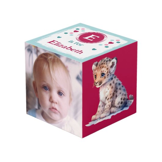 かわいいヒョウの赤ちゃんの写真 名前 幼稚園 ピンク フォトキューブ (正面アングル)
