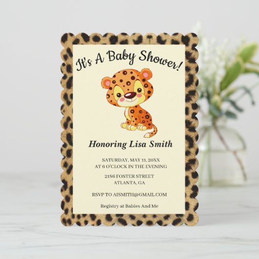 かわいいヒョウアニマルプリントベビーシャワー 招待状 (スタンド正面)