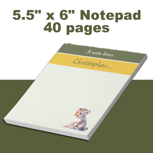 かわいいヒョウ名前をカスタムするグリーンキッズ ノートパッド