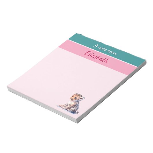 かわいいヒョウ名前をカスタムするピンクの子供 ノートパッド (回転)