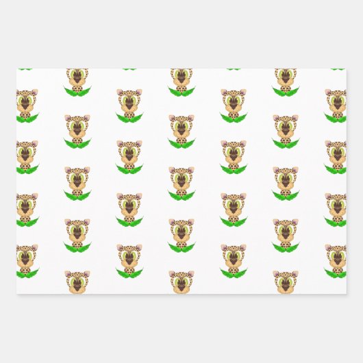 かわいいヒョウ子供の誕生日サファリ動物パターン ラッピングペーパーシート (正面)