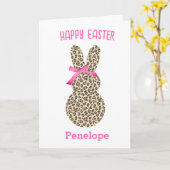 かわいいヒョウ復活祭バニーピンクボウカード カード (黄色い花)