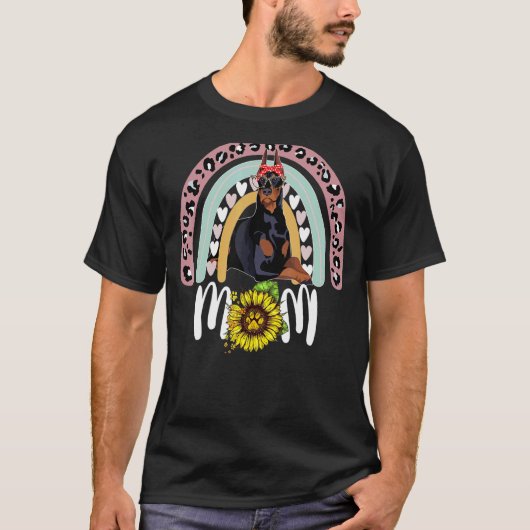 かわいいヒョウ柄レインボー ドーベルマン 母の日 Tシャツ (正面)
