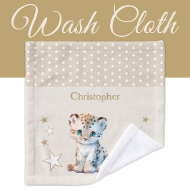 かわいいヒョウ追加ネーム水玉模様スターブラウン ウォッシュタオル