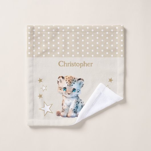 かわいいヒョウ追加ネーム水玉模様スターブラウン ウォッシュタオル (ウォッシュタオル)