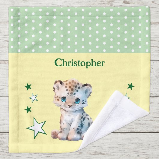 かわいいヒョウ 名前入り ドット 星 緑 ウォッシュタオル