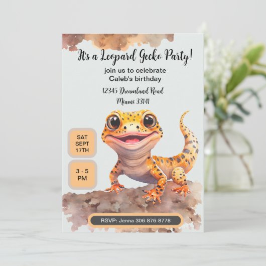 かわいいヒョウGECKO誕生日パーティーの招待 招待状 (スタンド正面)