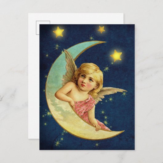 かわいいビクトリアンな天使が三日月に乗っている ポストカード (正面/裏面)