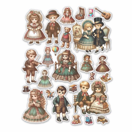 かわいいビクトリアンアンティークの人形とおもちゃアート シール (正面)