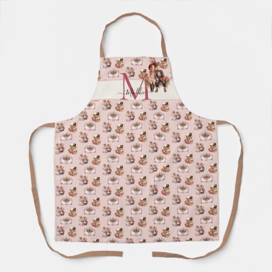 かわいいビクトリアン動物アートバレンタインモノグラム エプロン (正面)