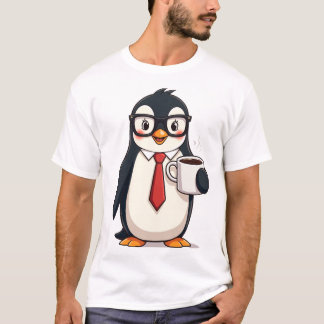 かわいいビジネス・ペンギン コーヒー・グラスとネクタイ Tシャツ