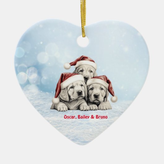 かわいいビズラパピースドッグスサンタハットポーペンシルアート セラミックオーナメント (正面)