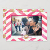 かわいいビピンクシェブロンのゴールドキッス バレンタインデー シーズンカード (正面/裏面)