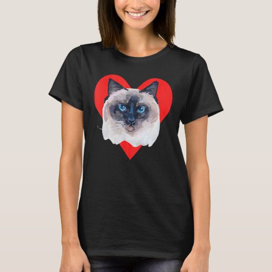 かわいいビルマン猫の赤いハート Tシャツ (正面)