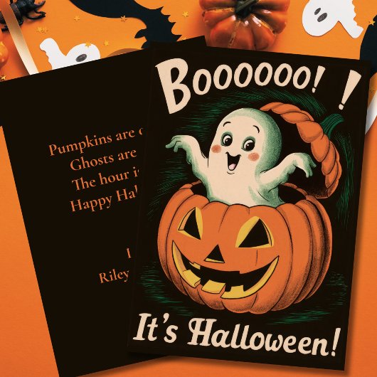 かわいいビンテージのかぼちゃと幽霊のブー ハロウィン シーズンカード