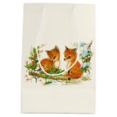 かわいいビンテージのキツネたち レトロなクリスマスの風景 ミディアムペーパーバッグ (裏面)