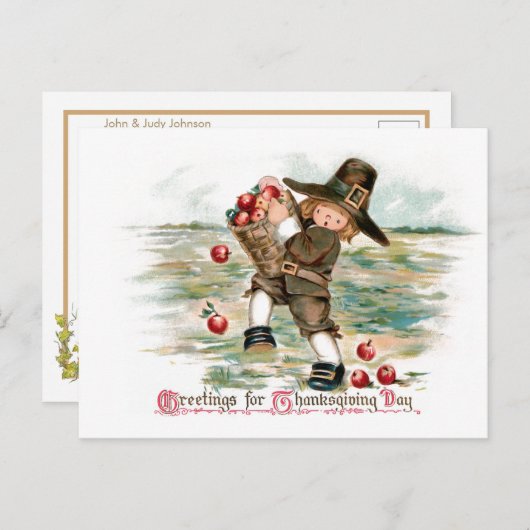 かわいいビンテージのピルグリム少年とリンゴ ポストカード (正面/裏面)