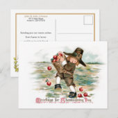 かわいいビンテージのピルグリム少年とリンゴ ポストカード (正面/裏面)