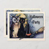 かわいいビンテージのフクロウと猫のハロウィンパーティー 招待状 (正面/裏面)