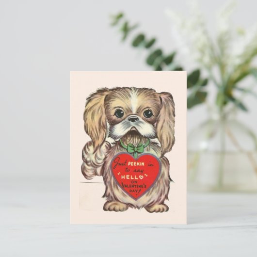 かわいいビンテージのペキニーズの子犬 1950年代のバレンタイン ポストカード (スタンド正面)