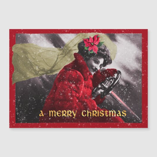 かわいいビンテージの赤い女の子が車を運転 (正面)