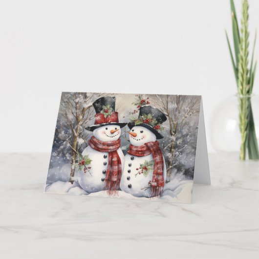 かわいいビンテージの雪だるまのクリスマス シーズンカード (正面)