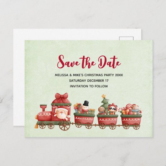 かわいいビンテージクリスマストレインとおもちゃのSave the Date インビテーションポストカード (正面/裏面)