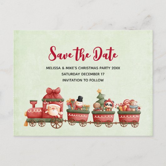 かわいいビンテージクリスマストレインとおもちゃのSave the Date インビテーションポストカード (正面)