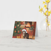かわいいビンテージタビー猫クリスマスカード カード (黄色い花)