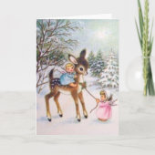 かわいいビンテージ天使たちとクリスマスの赤ちゃん鹿 シーズンカード (正面)