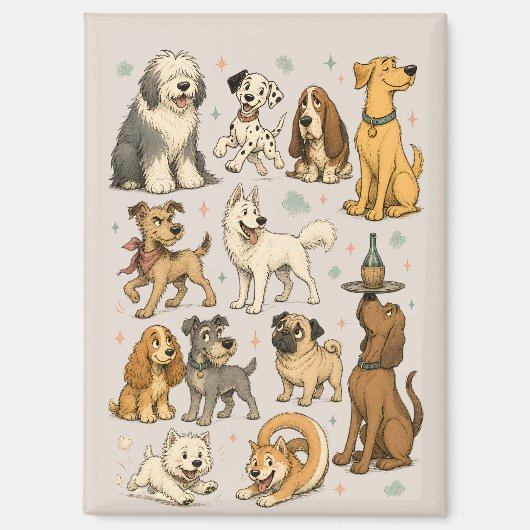 かわいいビンテージ漫画の犬の種類のクリップアートコレクション マグネット (正面)