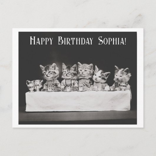 かわいいビンテージ猫の誕生日ティーパーティー ポストカード (正面)