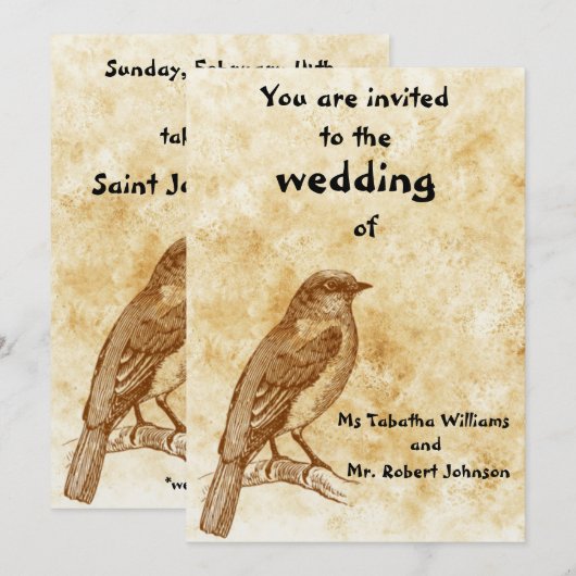 かわいいビンテージ鳥デザインの結婚式招待状 招待状 (正面/裏面)